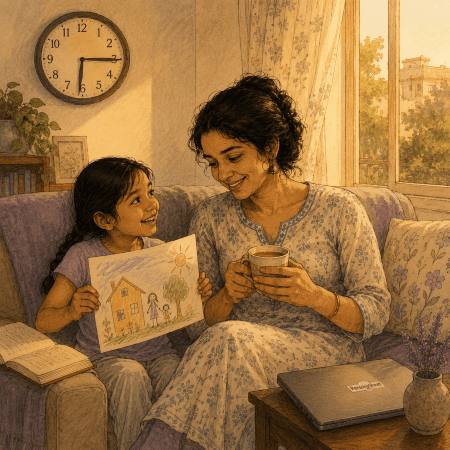 Teacher relaxed with chai and family on a Sunday evening