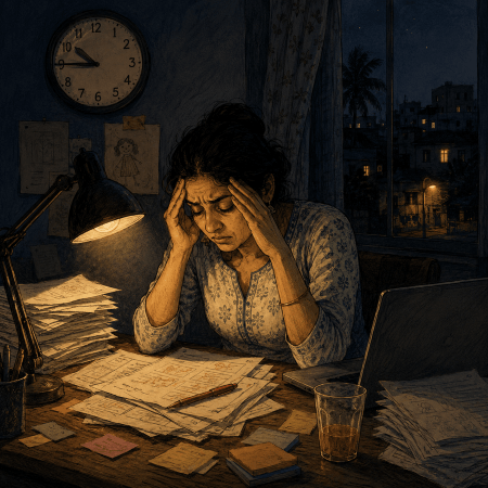 Teacher exhausted at desk on a Sunday night, surrounded by paperwork