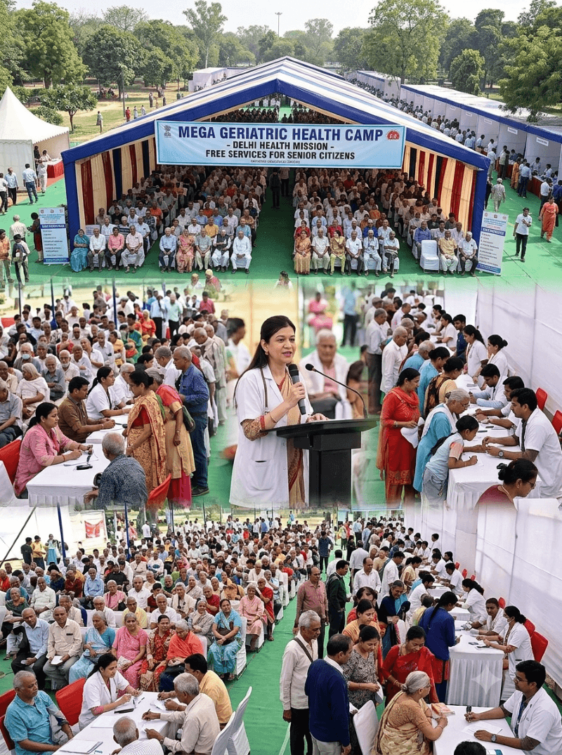 Wide shot of Dr Anshul addressing senior citizens at a community health camp in Ajmer