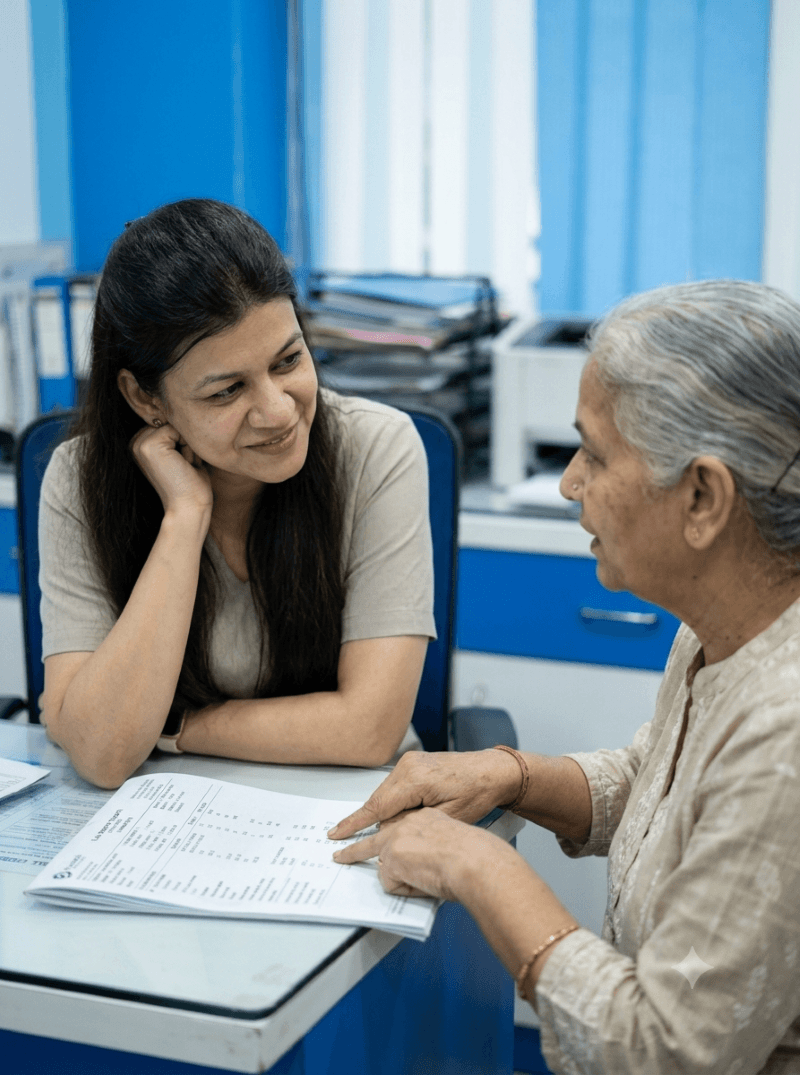 Portrait of Dr Anshul Chahar in consultation, warmly listening to an elderly patient