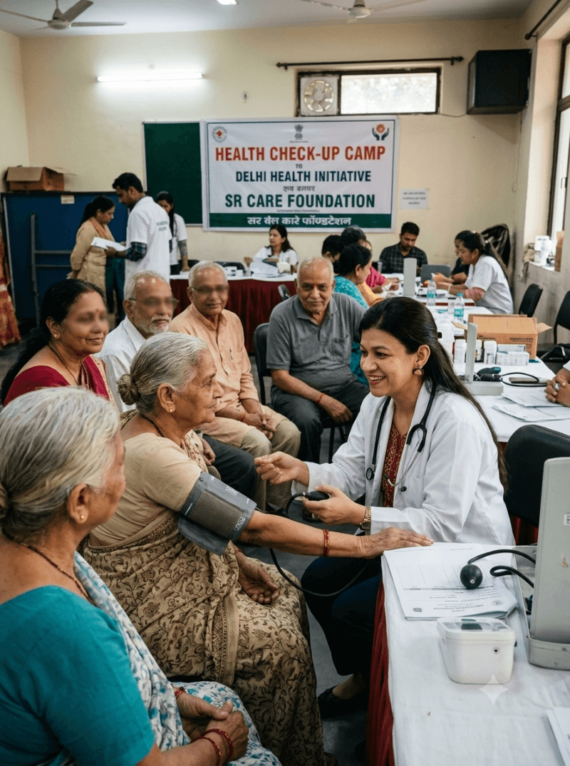 Dr Anshul conducting a health check-up camp for senior citizens