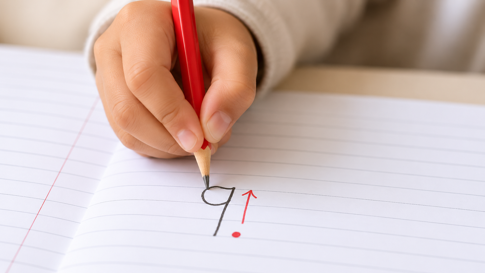 A young child’s hand holding a pencil in a correct tripod grip, writing a clean lower-case letter b on ruled paper