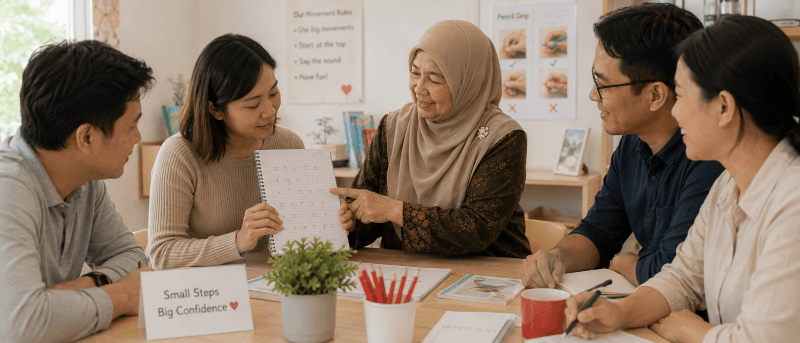 Parents practising pencil-grip coaching on each other at Teacher Jameela’s workshop table