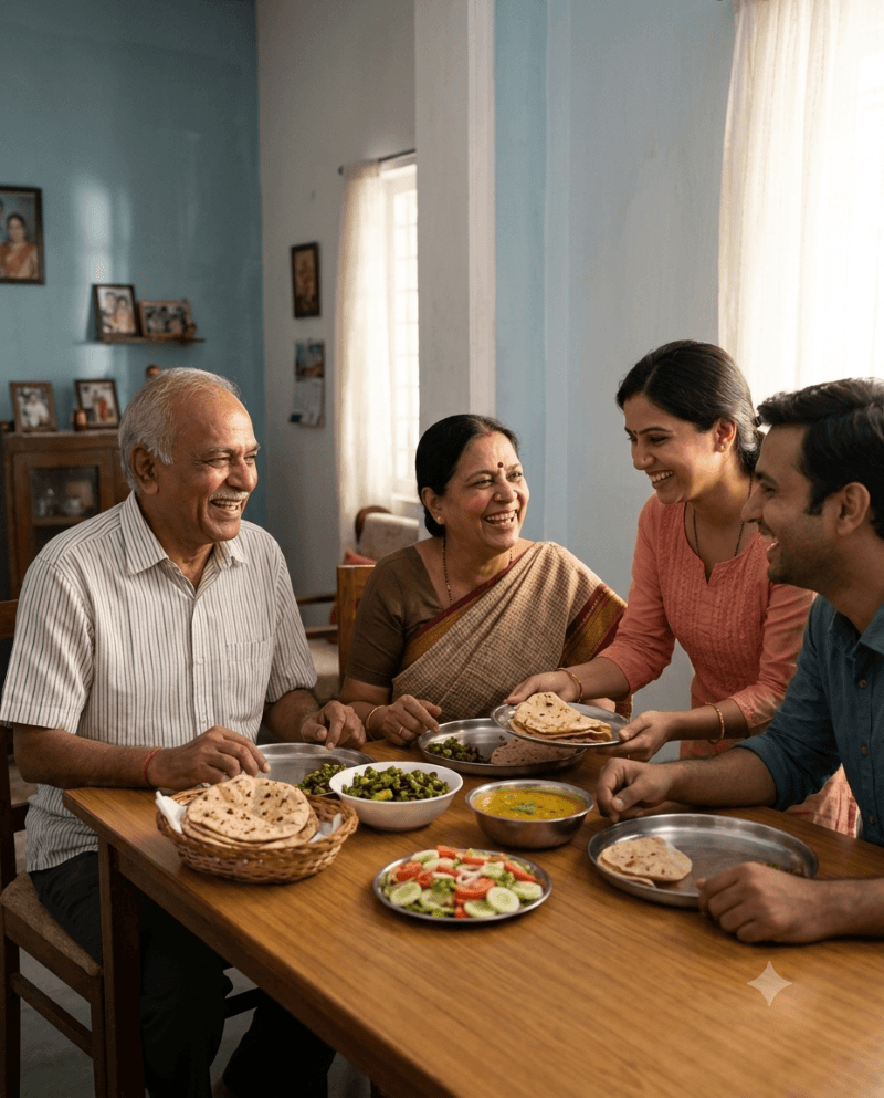 An Indian family having a healthy home-cooked meal together, elderly parents smiling