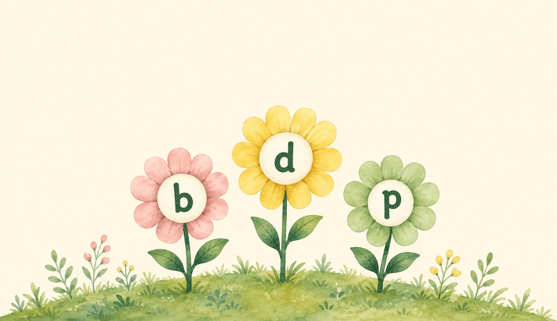 Illustration of the letters b, d and p growing as flowers in a garden