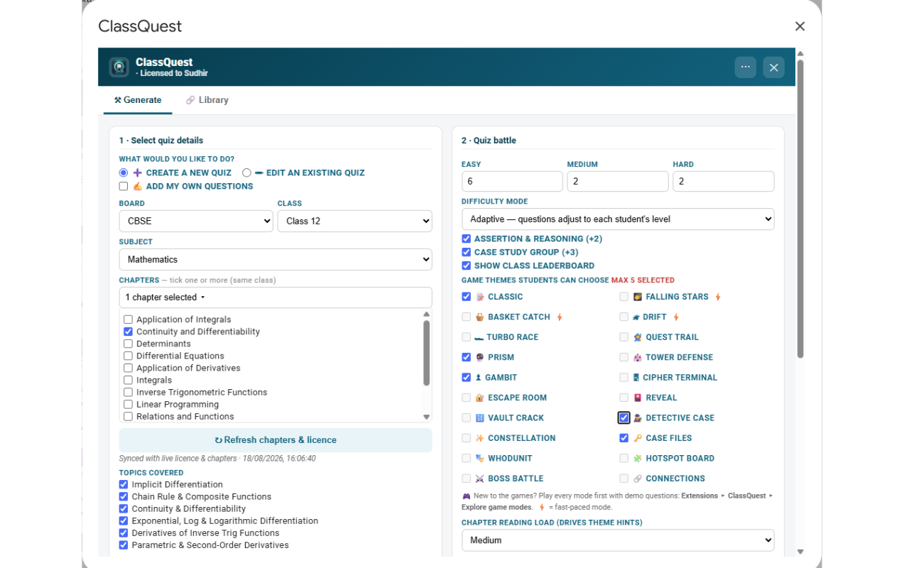 ClassQuest Create Quiz screen showing board, class, subject and chapter selection