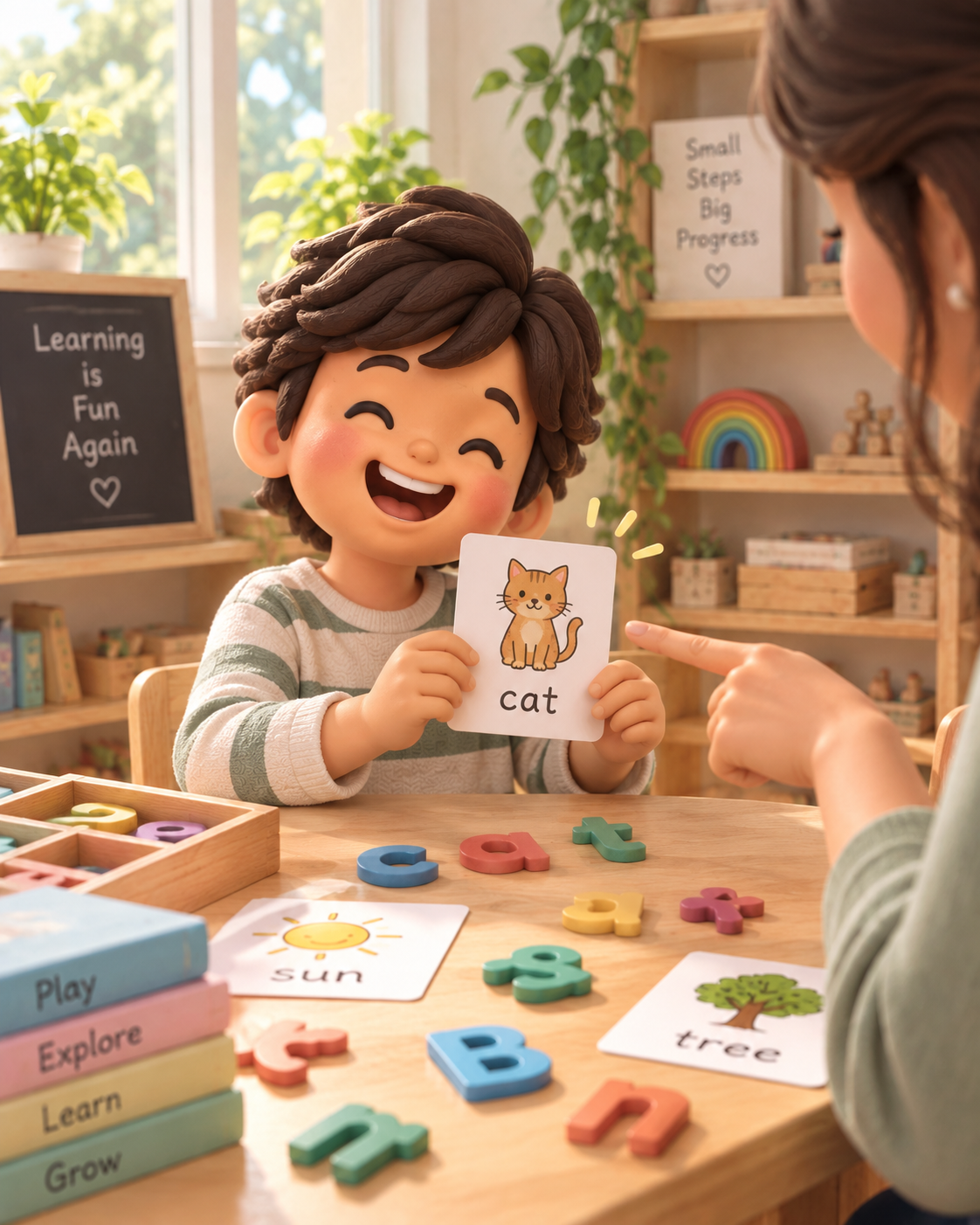 A child engaged in Montessori learning, calm and curious