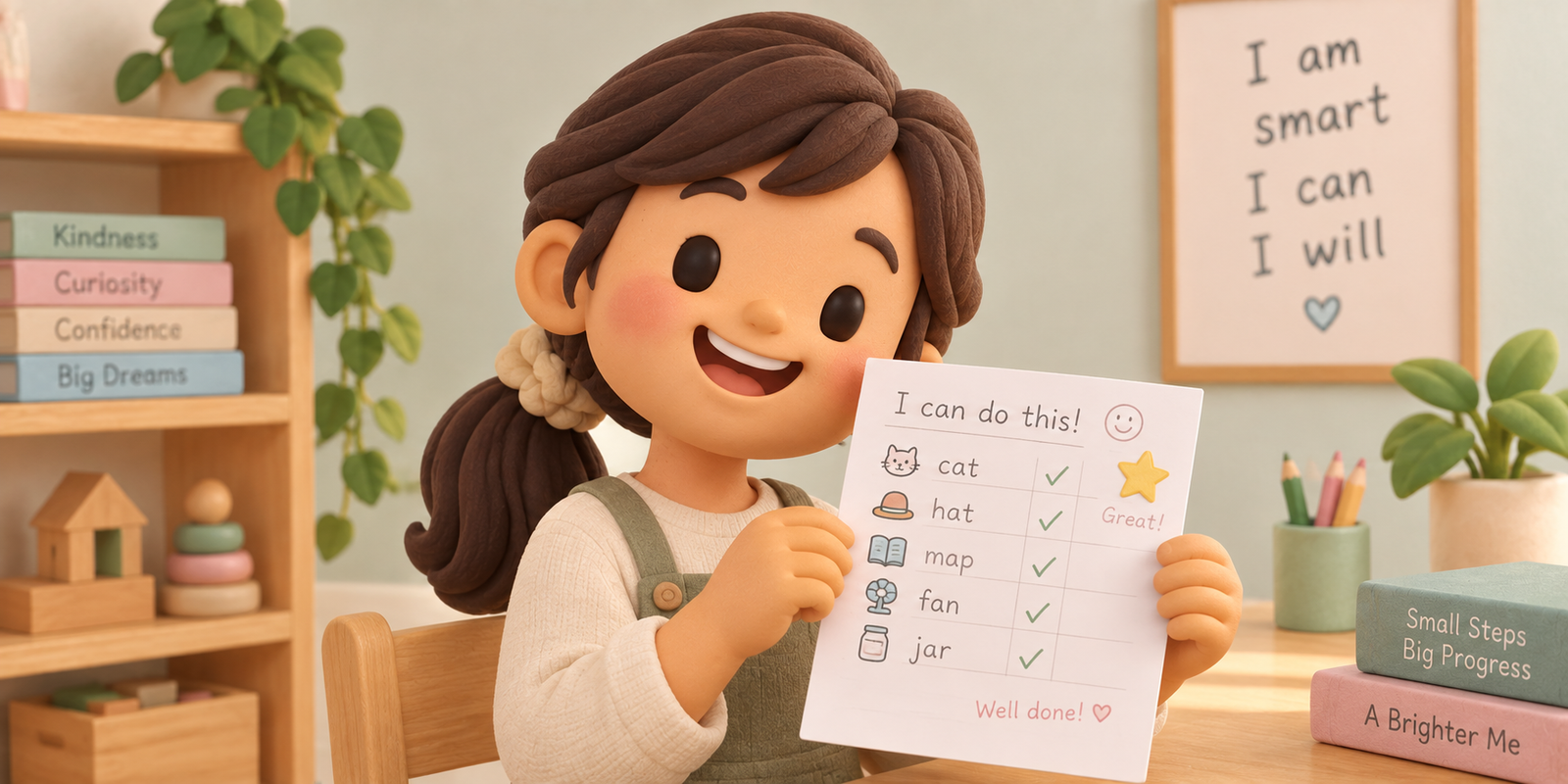 A child smiling confidently while learning